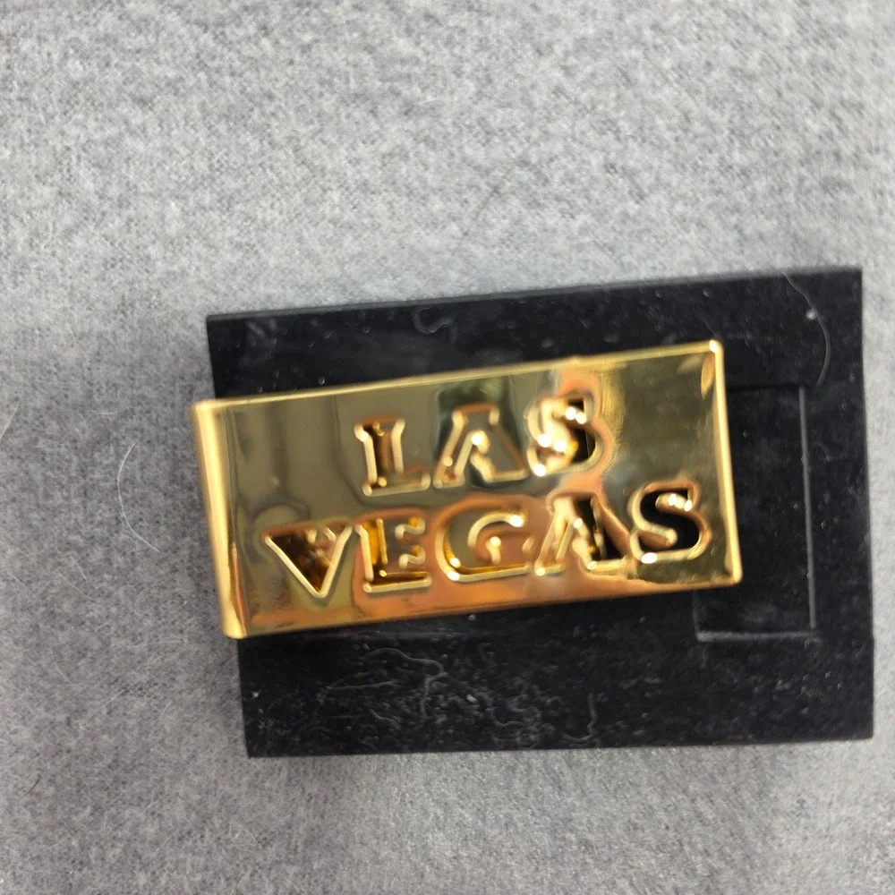Las Vegas Souvenir Money Clip Gold Tone Cutout Text Metal Bill Holder
